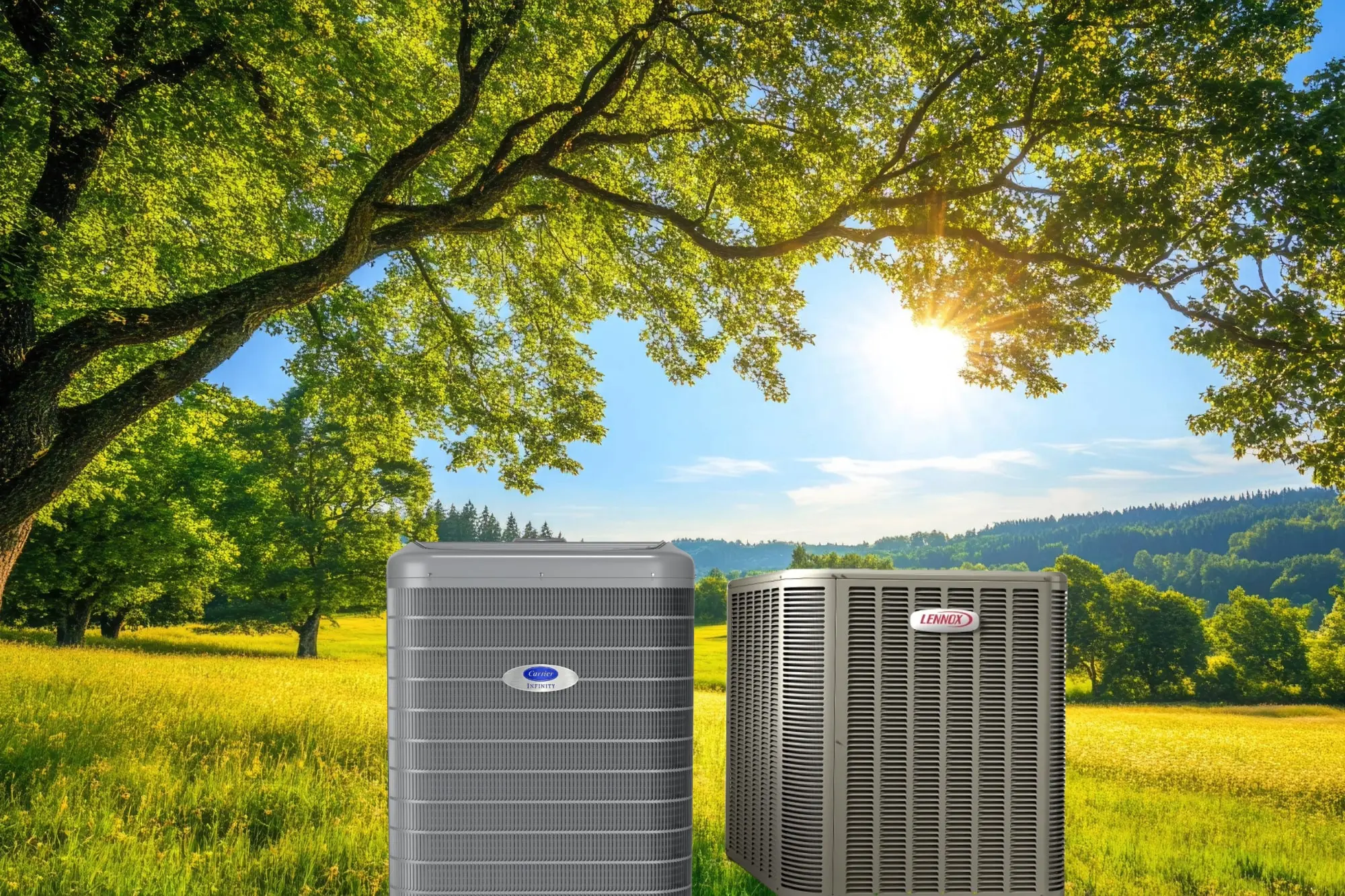 Carrier and Lennox Air Conditioners sitting in the summer